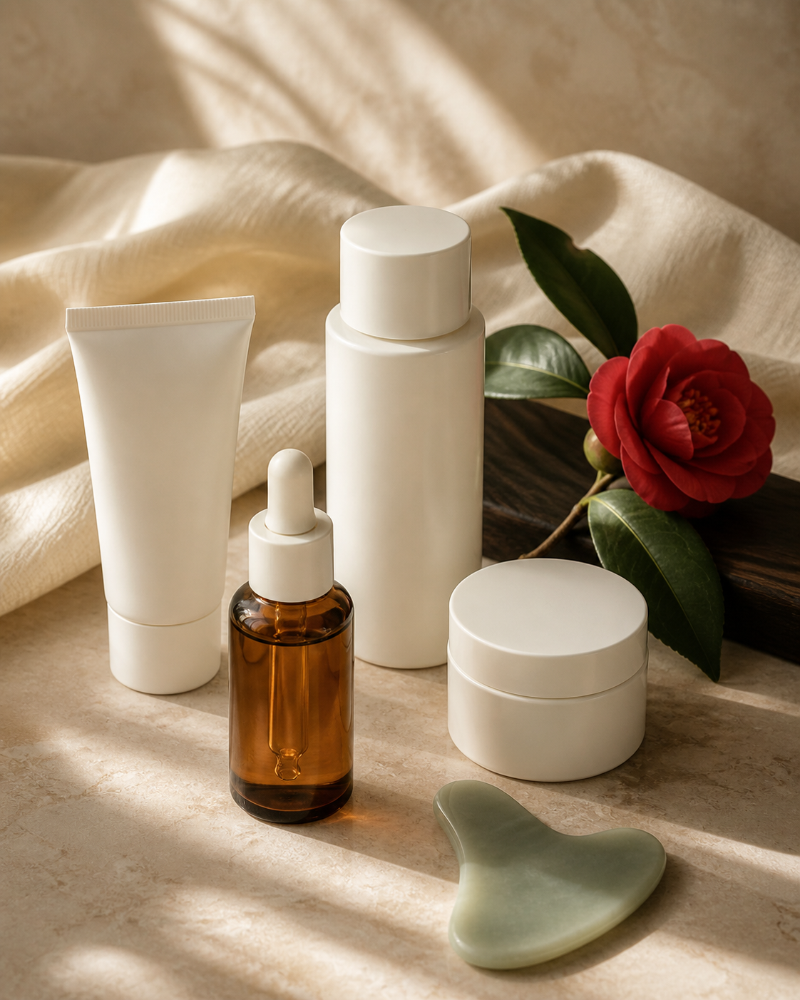 Skincare and a gua sha tool with a red camellia