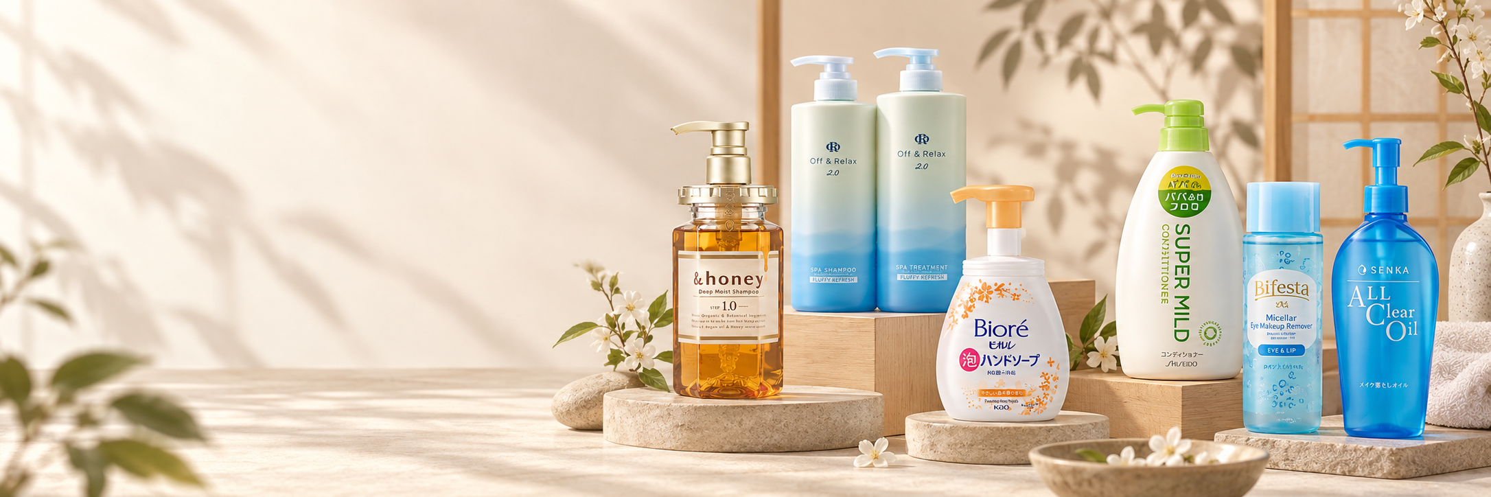 Japanese haircare and cleansing essentials displayed in warm natural light